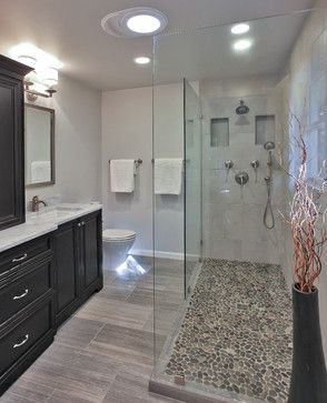 Pebble shower floor Bathroom Attic, Wood Tile Shower, Pebble Shower Floor, Makeover Kamar Mandi, Wood Tile Bathroom, Pebble Floor, Master Bath Ideas, Master Bathrooms, Casa Vintage