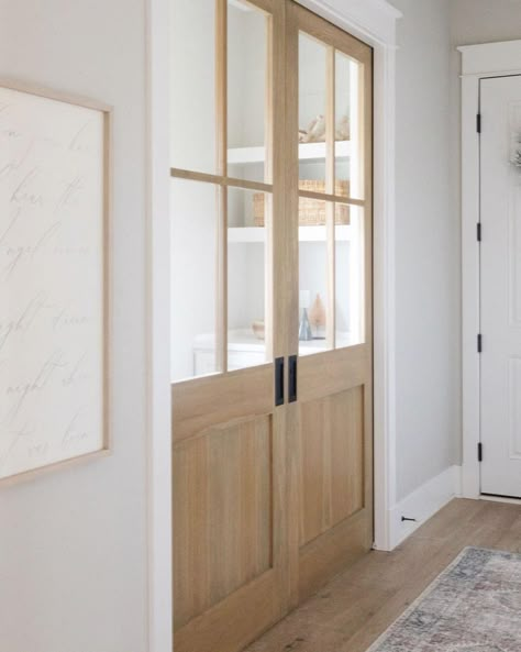 Pocket Door Between Kitchen And Living Room, Pocket Office Design, Study Pocket Doors, Pocket Door Playroom, Office French Doors Study Wood, Pocket Doors Living Room Dining Room, Doors To Home Office, White Oak Pocket Doors, Natural Wood Pocket Door