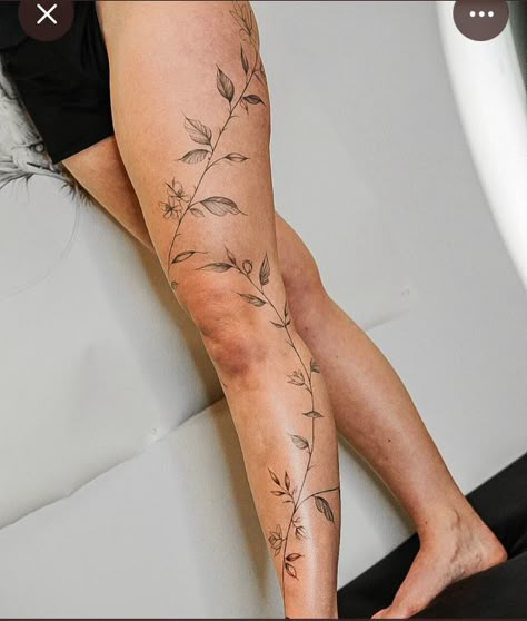 Up The Leg Tattoos, Poison Ivy Leg Tattoo, Botanical Leg Wrap Tattoo, Simple Full Leg Tattoo Female, Line Work Leg Tattoos Women, Plant Tattoo Wrap Around, Vine Leg Tattoo Men, Leg Leaf Wrap Tattoo, Foliage Leg Tattoo