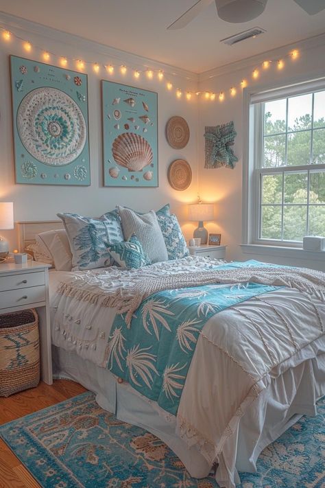 Small Dorm Decor Ideas, Beachy Room Decor Ideas, Dorm Room Designs Blue, Simple Coastal Bedroom, Beach Bedroom Ideas Coastal Style, Blue And Green Bedroom Ideas, Dorm Rooms Aesthetic, Beach Vibe Bedroom, Boho Beach Room