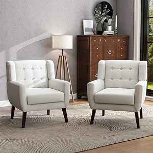 UIXE Accent Chairs Set of 2, Modern Living Room Arm Chair Mid-Century Upholstered Club Armchair, Comfy Fabric Single Sofa Button Tufted Reading Seat Bedroom Side Sitting, Beige Tufted Accent Chair, Accent Chair Set, Upholstered Armchair, Living Room Chair, Modern Accent Chair, Accent Arm Chairs, Mid Century Chair, Living Room Accents, Arm Chairs Living Room