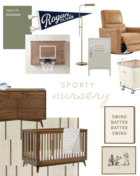 A sophisticated baby room design for a future sports lover - basketball, football, baseball, & golf. Subtle Baseball Nursery, Subtle Sports Nursery, Baby Boy Sports Nursery Room Ideas, Sporty Nursery Ideas, Neutral Baseball Nursery, Modern Sports Nursery, Pottery Barn Boy Nursery, Antique Sports Nursery, Baseball Baby Room