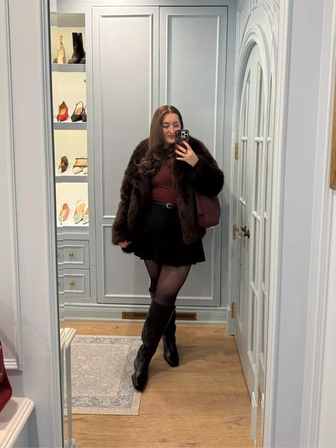 BANTER COAT curated on LTK Faux Coat Outfit, Plus Size Tights Outfit, Christmas Outfit Curvy, Wide Calf Boots Outfit, Christmas Market Outfit, Calf Boots Outfit, Fur Faux Coat, Office Party Outfit, Plus Size Date Night