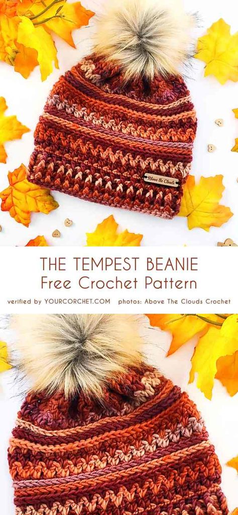 The Tempest Beanie Free Crochet Pattern Tempest Beanie Crochet, Crochet Fall Beanie, Free Autumn Crochet Patterns, Beanie Free Crochet Pattern, Crochet Queen, Crochet Santa, Crocheted Hats, The Tempest, Crochet Knit Hat