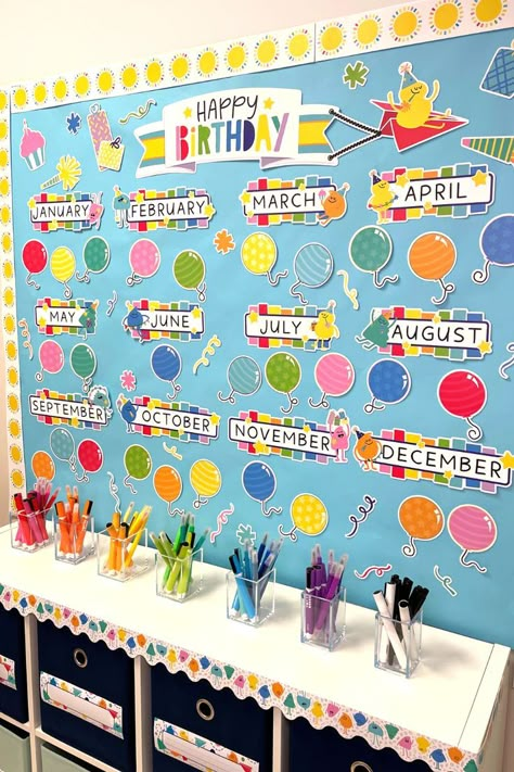 Create a happy space with colorful classroom decor using the Happy Place Birthday bulletin board set by Carson Dellosa Happy Place Classroom, Birthday Corner, Class Birthday Display, Birthday Chart Classroom, Colorful Classroom Decor, Winter Classroom Decorations, Birthday Bulletin Board, Polka Dot Classroom, Birthday Board Classroom