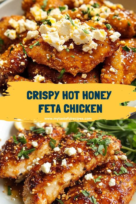 Dive into this Crispy Hot Honey Feta Chicken for a dinner that’s bursting with flavor! Tender chicken coated in crispy breadcrumbs and drizzled with hot honey, then topped with feta. It’s a delicious twist on a classic favorite! Healthy Dinner Recipes Feta, Crunchy Feta Chili Chicken, Dinner Chicken Recipes Healthy, Cool Chicken Recipes, Easy Dinner Recipes Buffalo Chicken, Chicken Recipes With Hot Honey, Delicious Chicken Dinner Recipes, Savory Nothings Recipes, Dinner Recipes With Honey