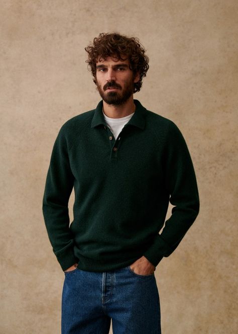 Collared Sweater Outfit, Dark Green Sweater Outfit, Better Sweater Outfit, Sweater Outfit Men, Quarter Zip Outfit, Green Sweater Outfit, Polo Outfit Men, Concert Outfit Men, Emerald Green Sweater