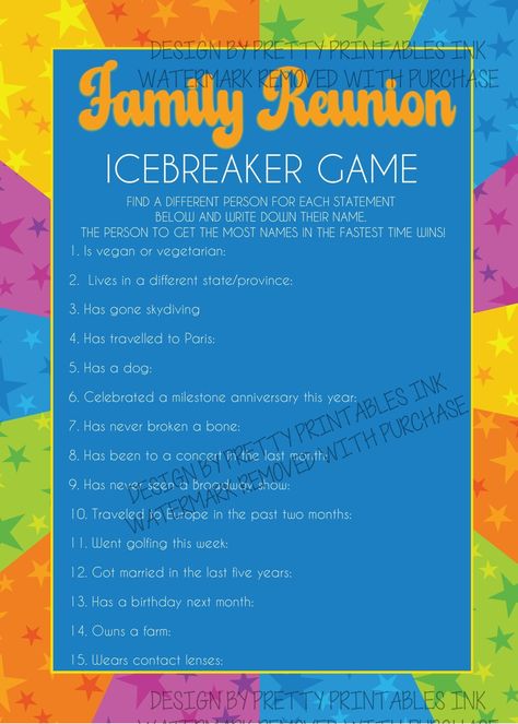 Family Reunion Game, Family Reunion Icebreaker Game, Find Someone Who Game, Summer Reunion Game, Family Reunion Scavenger Hunt Family Reunion Scavenger Hunt, Family Reunion Crafts, Family Reunion Bingo, Find Someone Who Game, Outdoor Games To Play, Group Games For Kids, Reunion Games, Family Reunion Ideas, Family Reunion Games