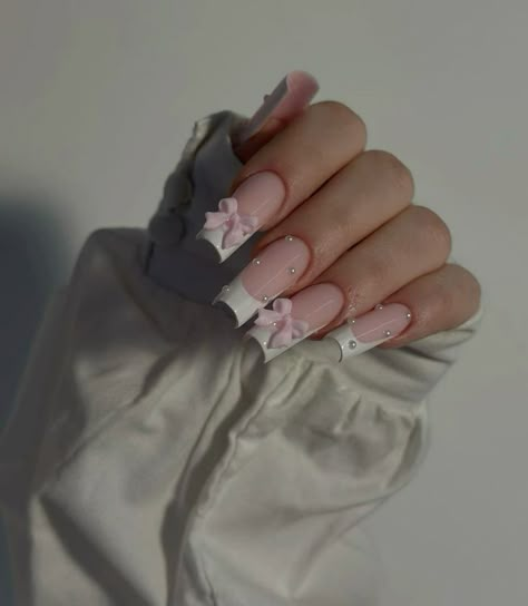 White Nail Ideas, Nail Ideas Pink, Nails January, Bow Nail Designs, Winter Nails Christmas, Old Money Nails, January Nail Designs, Pink Tip Nails, January Nail