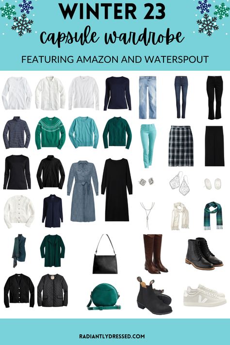 Blue Green Capsule Wardrobe, Blue Capsule Wardrobe, Navy Capsule Wardrobe, Capsule Wardrobe For Winter, Winter Pallet, Radiantly Dressed, Black Capsule Wardrobe, Sultry Winter, Blue Outfit Winter