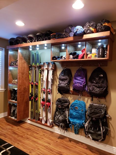 Outdoor Gear Storage, Camping Gear Storage, Adventure Room, Gear Room, Ski Rack, Upcycled Furniture Diy, Ski Storage, Ski House, Garage Storage Organization