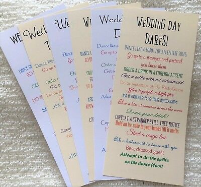 x12 Wedding Day Dares Game Cards Activity Table Decoration | eBay Wedding Table Games, Book Favors, Wedding Party Games, Wedding Games For Guests, Dare Games, Kids Wedding Activities, Wedding Advice Cards, Wedding Activities, Activity Table