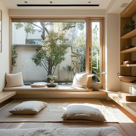 Japandi Style Interior, Japandi Style Home, Japandi Style Interior Design, Japandi House, Home Yoga Room, Japanese Living Room, Japan Interior, Space Optimization, Window Seat Design