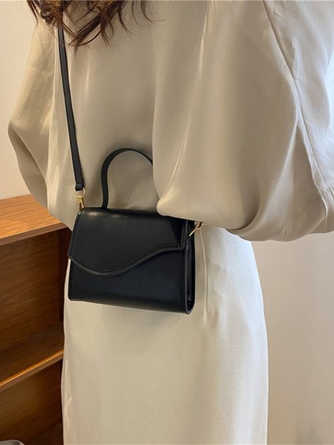 Mini Minimalist Irregular Flap Satchel Bag Mini Side Bag, Side Bags For Women Outfit, Small Shoulder Bags For Women, Minimal Leather Bag, Black Formal Bag, Small Black Bag Outfit, Minimalist Office Shoulder Bag, Aesthetic Crossbody Bag, Formal Bags For Women