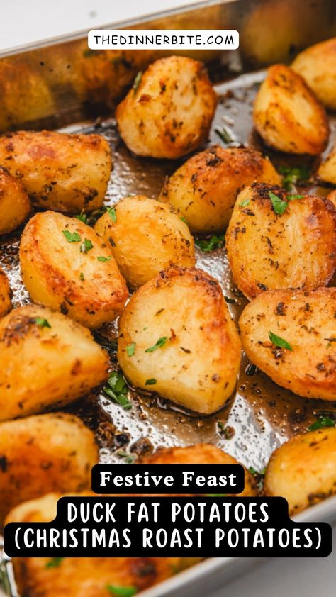 Indulge in the ultimate holiday side dish with our mouthwatering Duck Fat Potatoes (Christmas Roast Potatoes) recipe! Made with high-quality duck fat, these potatoes are crispy on the outside and tender on the inside. A true crowd-pleaser, they'll have everyone coming back for seconds. Discover the secret to making your Christmas dinner unforgettable with The Dinner Bite. Christmas Baked Potatoes, Christmas Eve Dinner Potatoes, Best Roast Potatoes Crispy, Duck Fat Roast Potatoes, Crispy Duck Fat Potatoes, English Potatoes Recipes, Duck Fat Roasted Potatoes Recipe, Duck Dinner Sides, Christmas Lunch Sides Ideas