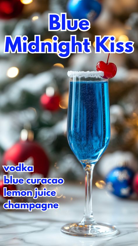 The Blue Midnight Kiss cocktail is an elegant and colorful drink, perfect for celebrating special moments. With a vibrant blue base and the bubbly sparkle of champagne, this cocktail is finished with a sugared rim and a maraschino cherry for a sophisticated touch. via @mybartender Blue Midnight Kiss Cocktail, Midnight Kiss Cocktail, Christmas Drinks With Alcohol, Nye Drinks Alcohol, New Years Alcoholic Drinks, Blue Colored Food, New Year Drinks Cocktails, Blue Alcoholic Drinks For A Party, Nye Drink Ideas