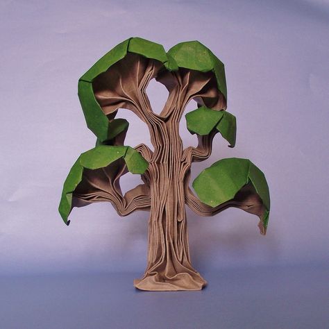 Wet folded by me from an uncut square of murano paper. The paper was a little too thick to shape it well Origami Tree, Origami Leaves, Paper Trees, Tree Statues, Paper Flower Art, Paper Cranes, Origami And Kirigami, Origami Paper Art, Tree Craft