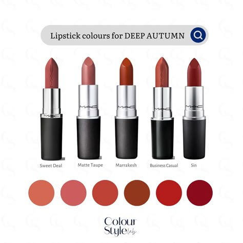 Deep Autumn lighter lipsticks are the pinks and burnt oranges, the darker lipstick colours are dark reds and browns. Opt for matte finishing. Examples of Deep Autumn lipstick colours. . . . . #deepautumn #darkautumn #autumncolors #deepautumnlipstick #colouranalysis #coloranalysis Lip Color For Deep Autumn, Lipstick Dark Autumn, Dark Autumn Mac Lipstick, Dark Autumn Makeup Lipsticks, Dark Autumn Red Lipstick, Deep Autumn Makeup Lipsticks, Deep Autumn Red Lipstick, Deep Autumn Makeup Color Palettes, Dark Autumn Decor