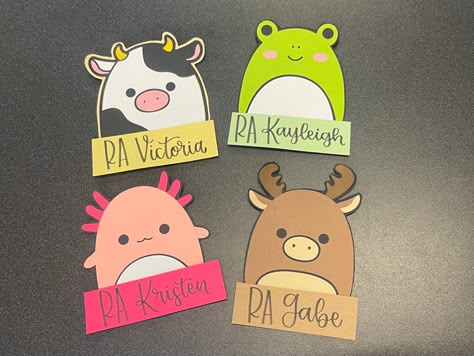 Frog Door Decs, Polaroid Door Decs, Door Decorations Name Tags, Cute Door Decorations College, College Door Decs Resident Assistant, College Name Tags Door Decs, Resident Assistant Aesthetic, Residence Life Door Decs, Squishmallow Door Decs