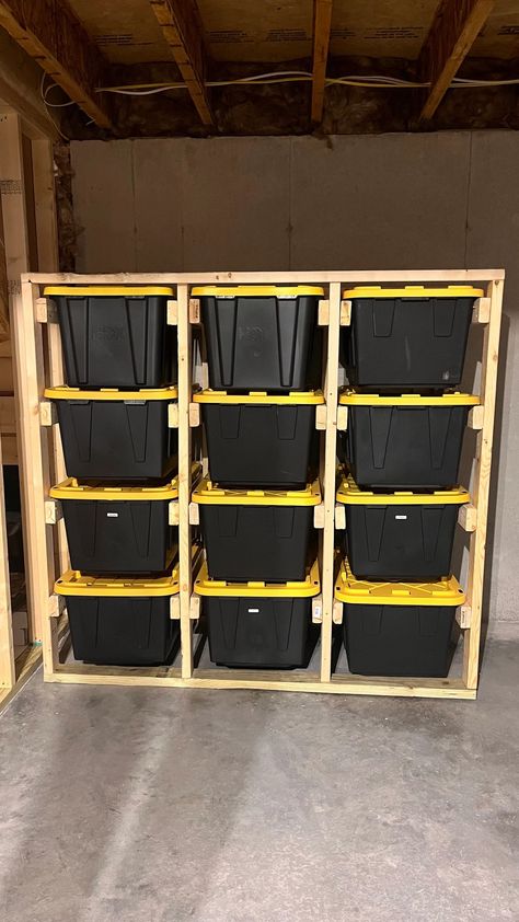 DIY 27 Gallon Tote Storage Shelves Storage Bin Storage, Diy Shelving Storage, Shelves With Bins, Garage Shelves For Storage Bins, Storage Room Shelves Diy, Bin Storage Shelves Diy Garage, Container Storage Organization, Diy Storage Unit Organization Ideas, Small Shop Storage Ideas