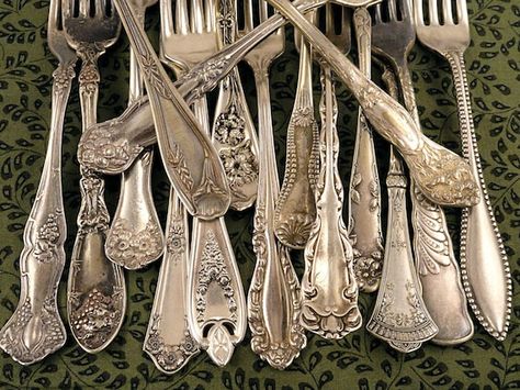 Food Photography Props - Antique Flatware Forks. These Vintage Silver Plated pieces are craft grade with plenty of wear, plate loss and patina as shown. Please use Etsys excellent Zoom feature to see Photo Closeups of our hi-res photos. All these forks are true antiques (over 100 years old). Choice Cutlery Photography, Antique Flatware, Silverware Crafts, Forks Design, Antique Spoons, Food Photography Props, Silverplate Flatware, Silver Cutlery, Antique Silverware