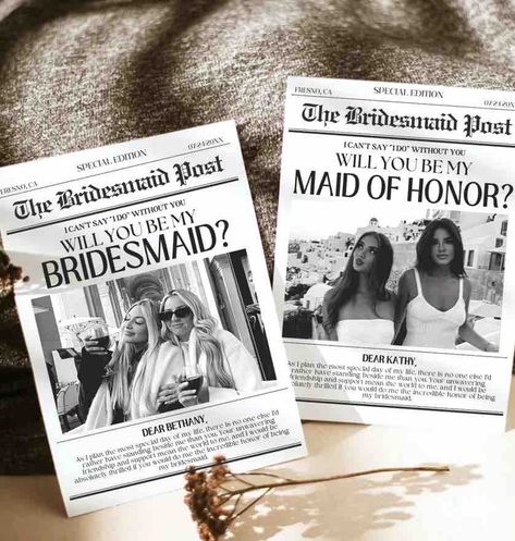 10 Ultimate Bridesmaid Proposal Boxes Traditional Heels, Bridesmaid Info Card, Wedding Ranch, Bridesmaids Gown, Flower Girl Proposal, Wedding Brand, Vintage Bridesmaids, Wedding Newspaper, 1950s Wedding