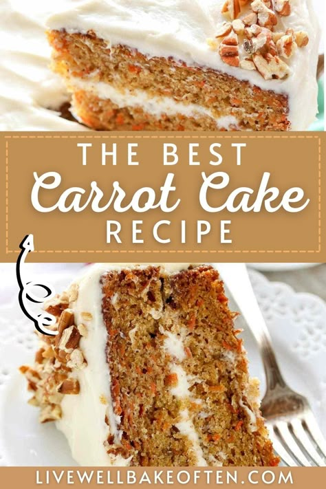 This Carrot Cake recipe from Live Well Bake Often is honestly the BEST! Not only is this carrot cake easy to make, but it’s so incredibly moist and full of flavor that it’s almost impossible to stop at one piece. The cream cheese icing is so yummy and creamy! This recipe is perfect for parties, holidays, and anytime you need a delicious dessert! Try the best carrot cake recipe today! Carrot Cake Recipe Homemade, Best Carrot Cake Recipe, Live Well Bake Often, Cake Recipe Homemade, The Best Carrot Cake, Carrot Cake Recipe Easy, Homemade Carrot Cake, Best Carrot Cake, Slow Cooker Desserts