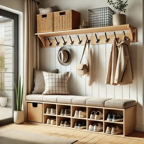 Entrance Hall Ideas Shoe Storage, Shoe Cubby And Coat Rack, Home Entrance Organization, Coat Storage Hooks, Bag Station Home, Shoes Coats Entrance, Coat Shoe Storage Entrance, Entrance Hall Ideas Storage, Hall Storage For Coats And Shoes