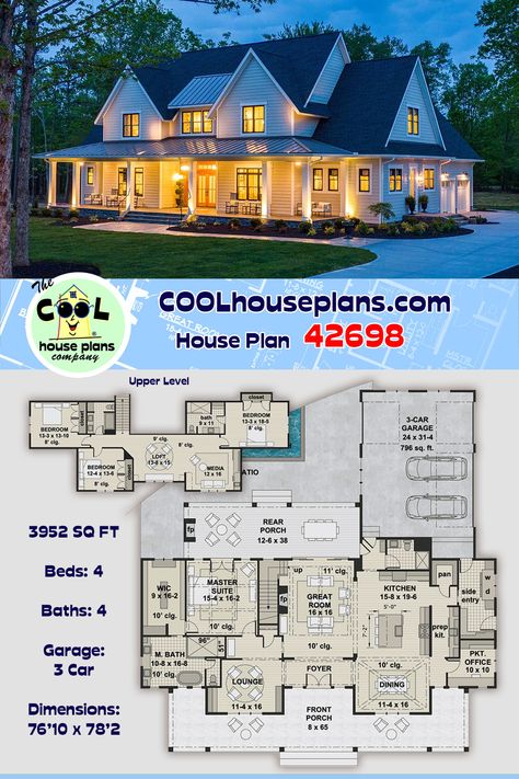 This stunning modern farmhouse home plan is brand new to the website, but it is getting a lot of attention. At almost 4,000 sq feet, this beautiful country home plan offers 4 large bedrooms and 4 full bathrooms. The first floor offers a formal dining room, lounge, master suite, great room, kitchen, office and mudroom. Large front and rear covered porches offer cooling shade and outdoor entertaining space. The second floor has three bedrooms, two full bathrooms, a loft area and media center. Best Two Story House Plans, Large Pantry House Plans, House Plans With Craft Room, Large Garage House Plans, Entertaining House Plans, 4 Bdrm House Plans Open Floor, House Plans With Large Kitchen, Country Home Floor Plans, 3500 Sq Ft House Plans