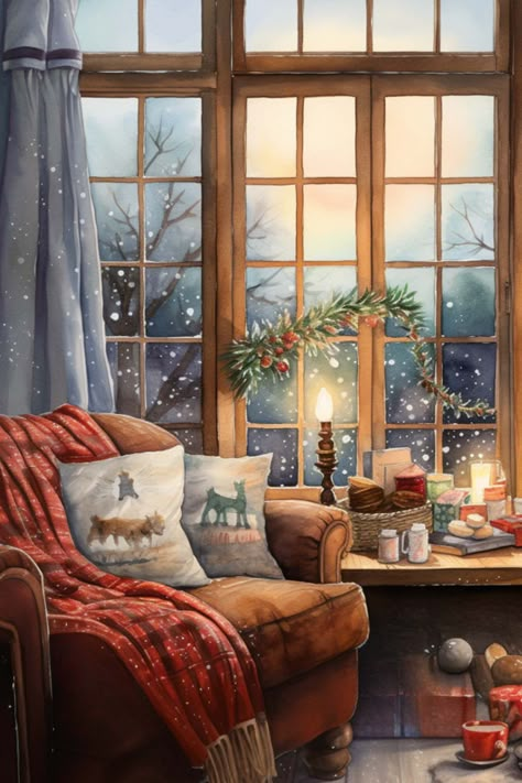 Christmas At Grandmas Aesthetic, Cottagecore Christmas Aesthetic Wallpaper, Christmas Home Illustration, Christmas House Interior, Vintage Sofa Christmas, Christmas Living Room Drawing, Christmas Cottage, Cozy Winter Home Art, Winter Fireplace