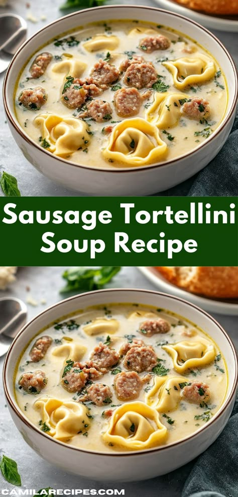 "This hearty sausage tortellini soup combines savory Italian sausage, tender tortellini, and fresh vegetables in a flavorful broth. It's a comforting dish that's perfect for chilly evenings or a quick family meal. Tortellini Soup Crockpot Easy, Sausage Tortellini Soup Crockpot, Sausage Soup Crockpot, Dish With Sausage, Tortellini Soup Crockpot, Tortellini Soup With Italian Sausage, Creamy Sausage Tortellini Soup, Creamy Sausage Tortellini, Italian Sausage Tortellini