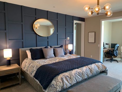 Master bedroom feature wall in SW naval. Bedroom Design Blue Wall, Deep Blue Bedroom Accent Wall, Navy Wall Panelling Bedroom, Blue Panel Wall Bedroom, Navy Wainscoting Bedroom, Navy Accent Wall In Bedroom, Blue Green Master Bedrooms Decor, Sw Naval Bedroom, Navy Blue Panelling Bedroom