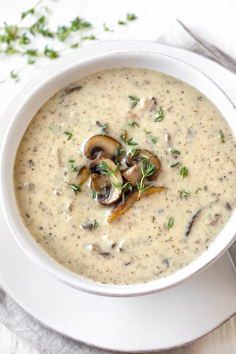 This cream of mushroom soup is a cozy classic prepared from scratch with fresh shiitake and crimini mushrooms, a hint of sherry, plus cream and fresh thyme! | thecozyapron.com #creamofmushroomsoup #creamofmushroomsouprecipes #creamofmushroomsouprecipeshomemade Creamy Mushroom Soup, Mushroom Soup Recipes, Steak And Mushrooms, Cream Of Mushroom Soup, Cream Of Mushroom, Fall Soups, Creamy Mushrooms, Bowl Of Soup, Creamed Mushrooms