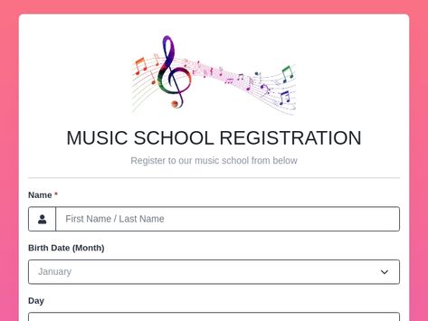 Register for music lessons effortlessly with our customizable form template! Enter student details, select courses, and submit your registration seamlessly, no coding required. Start your musical journey with FormNX!

#FormBuilder #OnlineForms #FormTemplates #FreeFormTemplates #MusicSchoolRegistration #MusicLessons #StudentEnrollment #ArtEducation #FormNX School Registration Form, School Forms, Form Builder, Registration Form, Form Template, Music School, Music Lessons, Record Label, Art Education