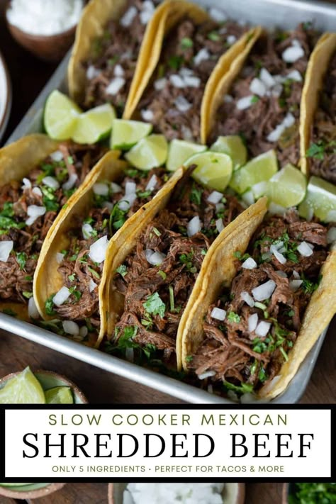 Learn how to make slow cooker shredded beef with this super easy 5-ingredient Mexican shredded beef recipe. It’s perfect for tacos, burrito bowls, nachos, and more. Lean beef shoulder roast is slow cooked in a spicy tomato sauce until it’s fall apart tender. Smoked Pulled Beef, Pulled Beef Tacos, Slow Cooker Mexican Shredded Beef, Slow Cooker Beef Tacos, Chuck Roast Crock Pot Recipes, Beef Shoulder Roast, Beef Shoulder, Beef Shank Recipe, Slow Cooker Shredded Beef