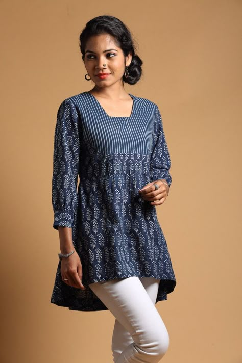 Indigo Pintucked Tunic Indigo Short Kurti Designs, Batik Kurti, Cotton Tops For Jeans, Short Dress Design, Tops For Jeans, Short Kurti Designs, Blue Short Dress, Cotton Short Tops, Indigo Top