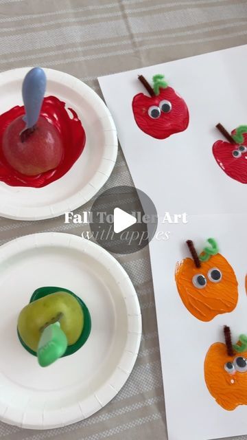 Lacee Hill | Twin Mama on Instagram: "The cutest apples and pumpkins! 🍎 🎃   My kids loved this apple stamping project, and I bet yours will too!  All you need are Some apples  Forks or popsicle sticks to make the apple easier to hold Washable tempers paint  Googly eyes  Glue  Green & brown pipe cleaners White card stock   #toddlercrafts #craftymom #fallart #fallcrafts #fall2024 #falltime #fallfun #momsofinstagram #toddleractivities #homeschoolactivities" Apple Pumpkin Craft, Apple Of Gods Eye Craft, Apple Painting For Kids, Apple Handprint Crafts, Apple Craft For Toddlers, Apple Pumpkin Painting, Apple Art For Toddlers, Apple Stamping Craft, Toddler Apple Crafts