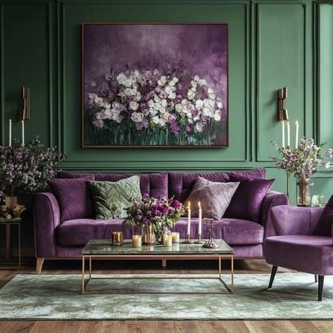 Pink Interior Design Living Room, Purple Sofa Living Room, Purple House Interior Ideas, Purple And Green Living Room, Green And Purple Room, Violet Living Room, Purple Living Room Ideas, Purple Interior Design, Deco Violet