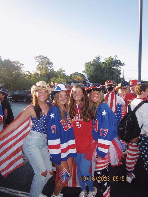 Cute Usa Theme Outfits For School, Usa Pep Rally Outfits, Usa Dress Up Day High School, American Day Spirit Week, American Spirit Week Outfits, Usa Homecoming Theme, Olympic Spirit Week Ideas, 4th Of July Spirit Week Ideas, High School Game Themes