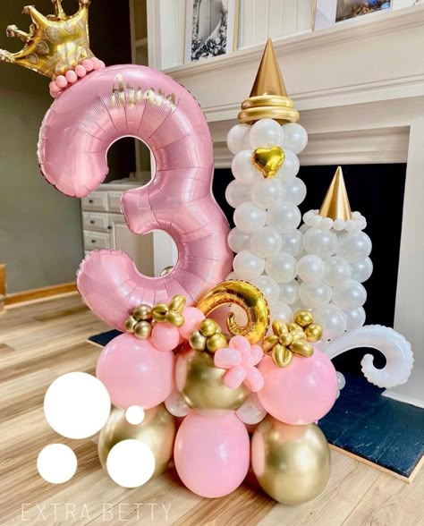 Baby Princess Disney Birthday Party, Princess Party Balloon Garland, Disney Princess Birthday Balloons, Her Royal Fiveness Birthday Decorations, 3rd Birthday Party Princess, 1st Princess Birthday Party, Princess Party Three Year Old, Princess Birthday Party Balloon Arch, Third Princess Birthday Party