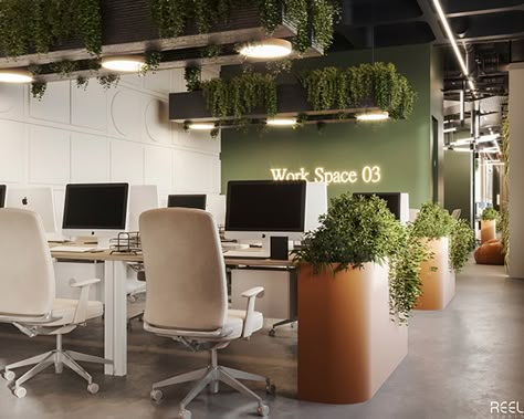 Head Office Design, Green Office Design, Modern Office Design Inspiration, Office Design Concepts, Open Office Design, Commercial Office Design, Industrial Office Design, Office Paint, Open Space Office