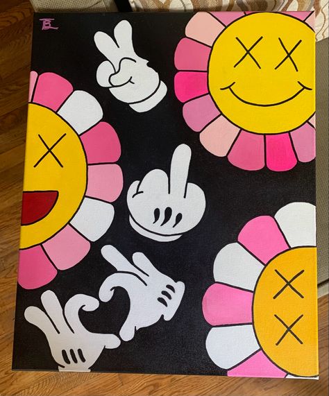 Canvas Art Design Canvas Painting Designs Easy, Painting Ideas Cartoon, Y2k Painting Ideas, Y2k Painting, Kaws Painting, Pink Canvas Art, Character Tattoos, Cartoon Character Tattoos, Arte Van Gogh