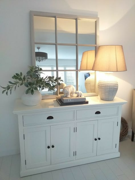 Grey Sideboard Decor, Side Board Styling Living Room, Sideboard Styling With Mirror, Sideboard Decor With Mirror, Sideboard And Mirror, White Sideboard Decor Dining Room, White Sideboard Styling, Lounge Sideboard Ideas, Mirror On Sideboard