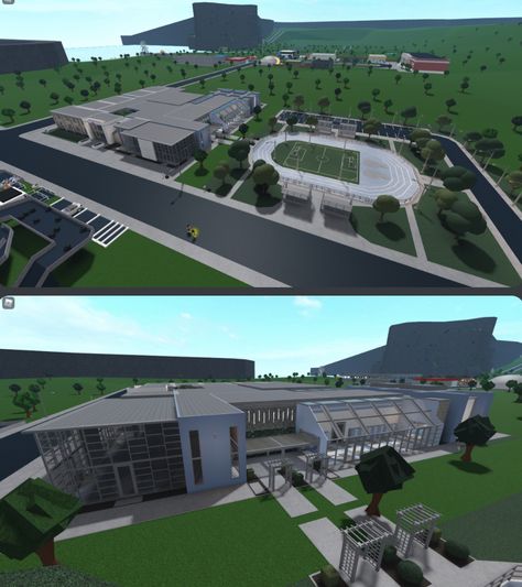 Bloxburg School Parking Lot, School Gym Bloxburg, Bloxburg Football Field, Bloxburg School Entrance, Bloxburg Bleachers, High School Floor Plans Layout Bloxburg, Bloxburg School Ideas Layout With Dorms, Bloxburg Country Club, Bloxburg Public Pool