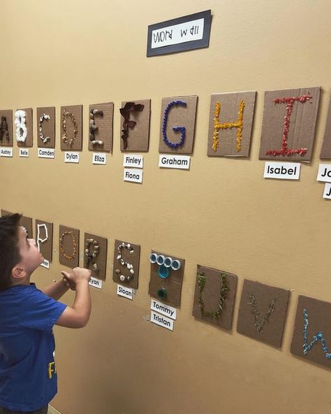 Abc Board Classroom, Reggio Inspired Alphabet Wall, Letter Wall For Preschool, Letters Reggio Emilia, Alphabet Wall Preschool, Art Literacy Activities Preschool, Writing Activity For Preschoolers, Alphabet Display Preschool, Reggio Alphabet Display