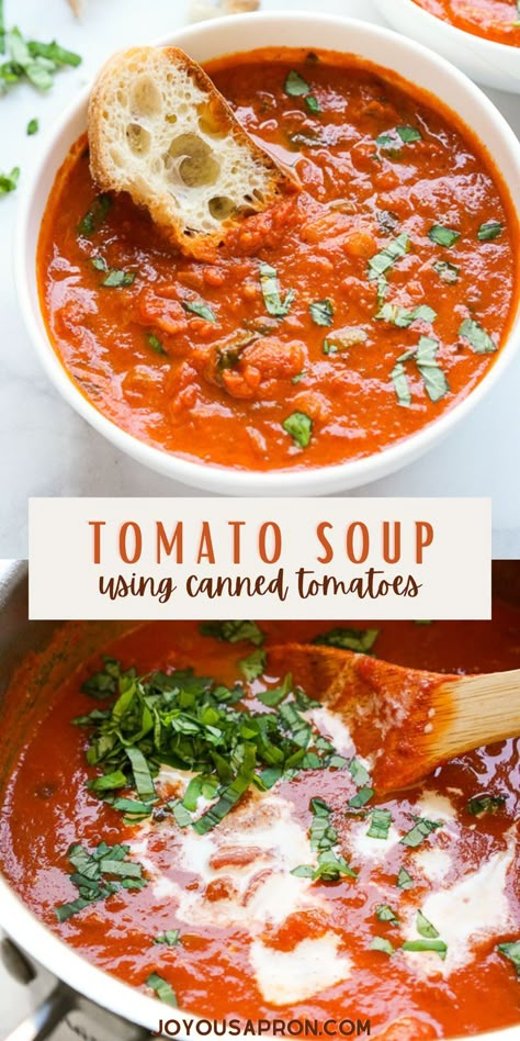 Tomato Soup - classic tomato soup recipe, perfect for the cold weather, Fall and winter! Hearty, chunky homemade tomato soup made with canned tomatoes, herbs and red wine. Makes a easy lunch, dinner and perfect for prepping ahead. Comforting and cozy! Vegetarian friendly. Chunky Tomato Soup Recipe, Tomato Soup With Canned Tomatoes, Canned Tomato Recipes, Quick Tomato Soup, Delicious Tomato Soup, Fried Turkey Recipes, Veal Stew, Homemade Tomato Soup, Tomato Soup Easy