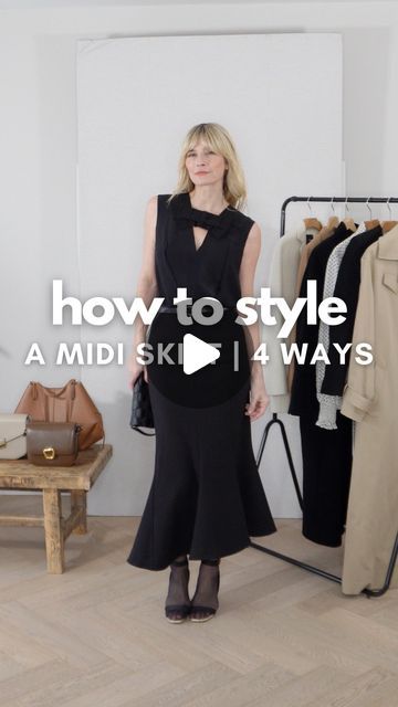 Jessica Seaman on Instagram: "How to style a midi skirt this Spring 2024, with 4 simple outfit ideas👌🏻Which is your favourite look? . . From everyday style with a classic trench coat to something a little more statement (and yes, ridiculously high heels 🫣) for the evening, hopefully it gives you a few outfits to recreate:) . . #howtostyle #howtostylevideo #howtostyleit #midiskirt #midiskirts #skirtoutfit #effortlessstyle #effortlessoutfit #elegantoutfits #everydayoutfits #stylingreel #over40style #timelessfashion" Black Midaxi Skirt Outfit, Long Black Midi Skirt Outfit, Winter Midi Skirt Outfit, Black Midi Skirt Outfit, Style A Midi Skirt, Cashmere Skirt, Black Flare Skirt, Midi Sweater Skirt, Outfit Coat