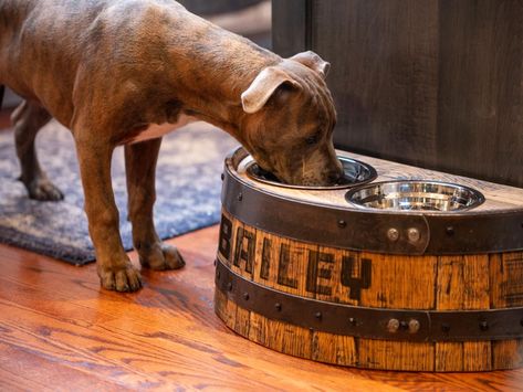 MotorCityBarrels - Etsy Elevated Dog Water Bowl, Dog Room In Garage Ideas, Oak Barrel Ideas, Barrel Dog House, Unique Bar Ideas, Barrel Dog Bed, Wine Barrel Dog Bed, Whiskey Barrel Furniture, Barrel Projects