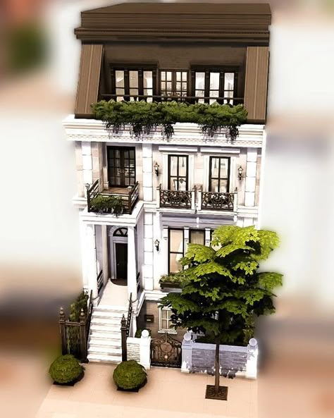 Sims 4 City Townhouse, Sims 4 English Townhouse, Sims Parisian House, Sims 4 Front Entrance Ideas, Sims 4 Bgc House, Sims 4 Townhouse Layout, Sims 4 House Windenburg, Sims 4 Townhouse No Cc, Sims 4 Brownstone Build