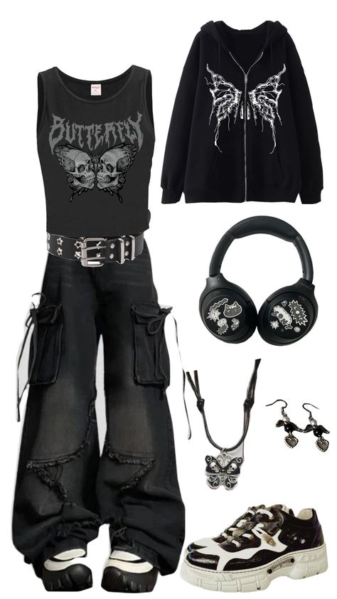 Cute Emo Clothes Aesthetic, Stylish Dark Outfits, 2024 Grunge Outfits, Emo Academia Outfit, Emo Fits Aesthetic, Grunge Clothes Girl, Emo Ish Outfits, Darkcore Aesthetic Outfits, Y2k 90s Outfits